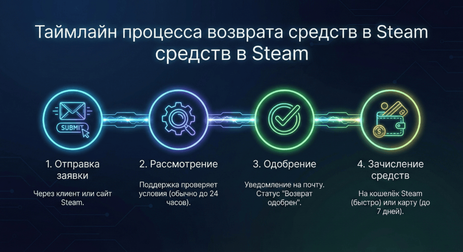 Таймлайн процесса возврата: отправка заявки, рассмотрение, одобрение и зачисление средств