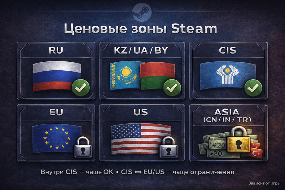 Карта мира с цветовым разделением ценовых зон Steam