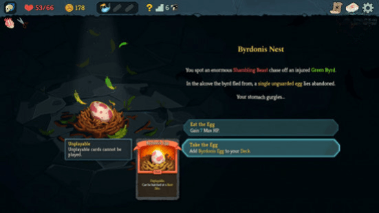 Яйцо Бирдониса в Slay the Spire 2: заброшенное птичье гнездо с огромным яйцом, белым с красными пятнами.