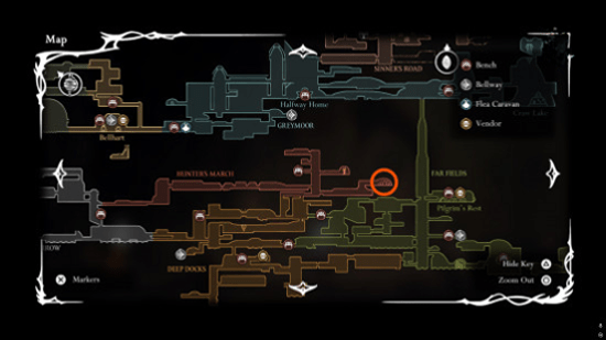 Местоположение Знака Зверя на карте Hollow Knight: Silksong.