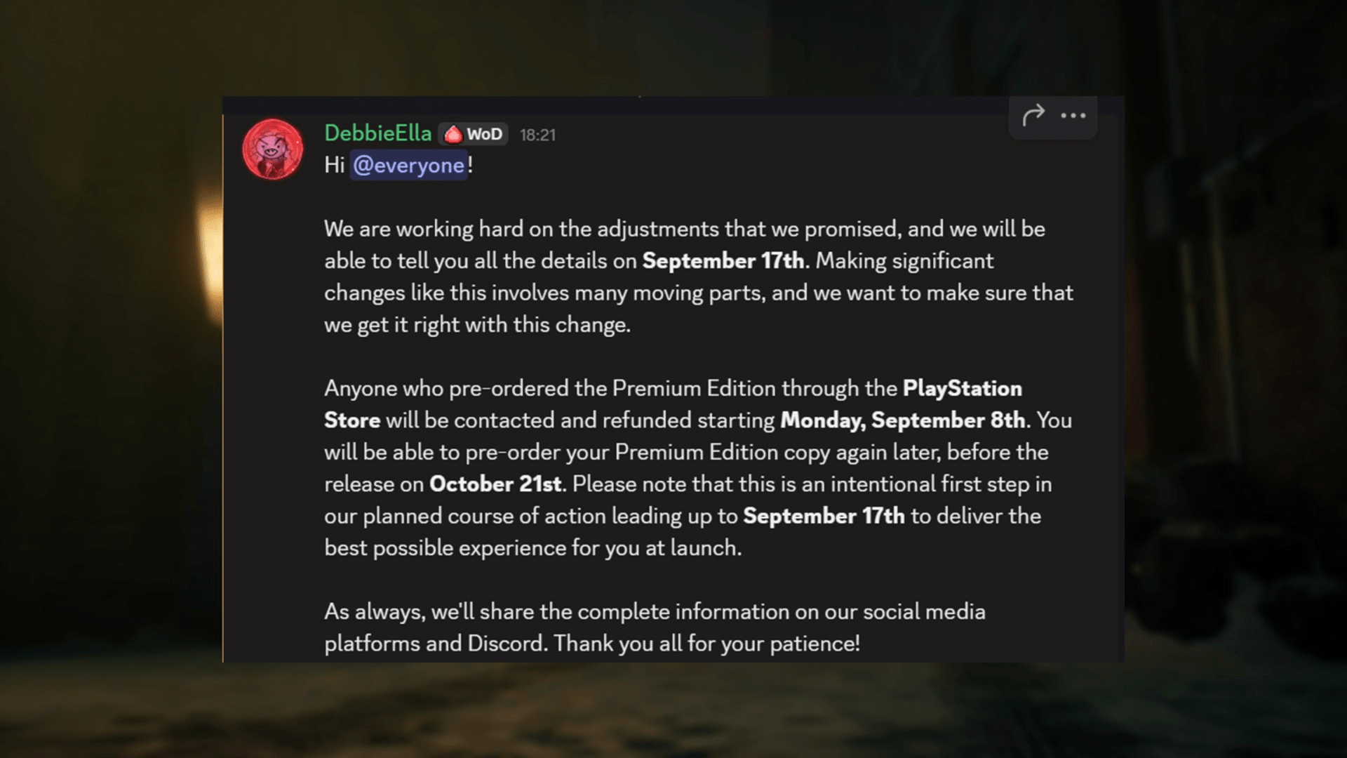 Скрин комментария из Discord Bloodlines 2, где обсуждаются изменения для DLC-кланов Lasombra и Toreador
