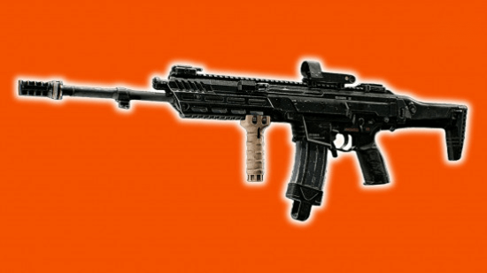 Лучшее оружие BF6: современная штурмовая винтовка на оранжевом фоне.