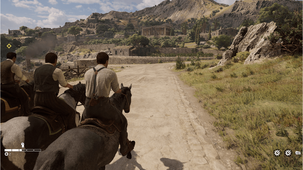 Обзор Mafia The Old Country: Три человека едут на лошадях по долине к группе небольших домов, из Mafia The Old Country.