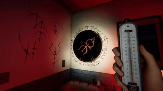 Демоническая метка покрывает стену комнаты в ивенте «Багровый глаз» в Phasmophobia.