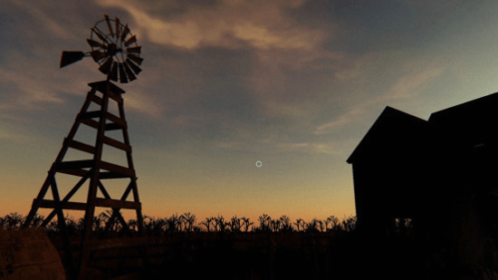 Вид снаружи одной из карт Phasmophobia: солнце садится над фермерским домом Графтона.