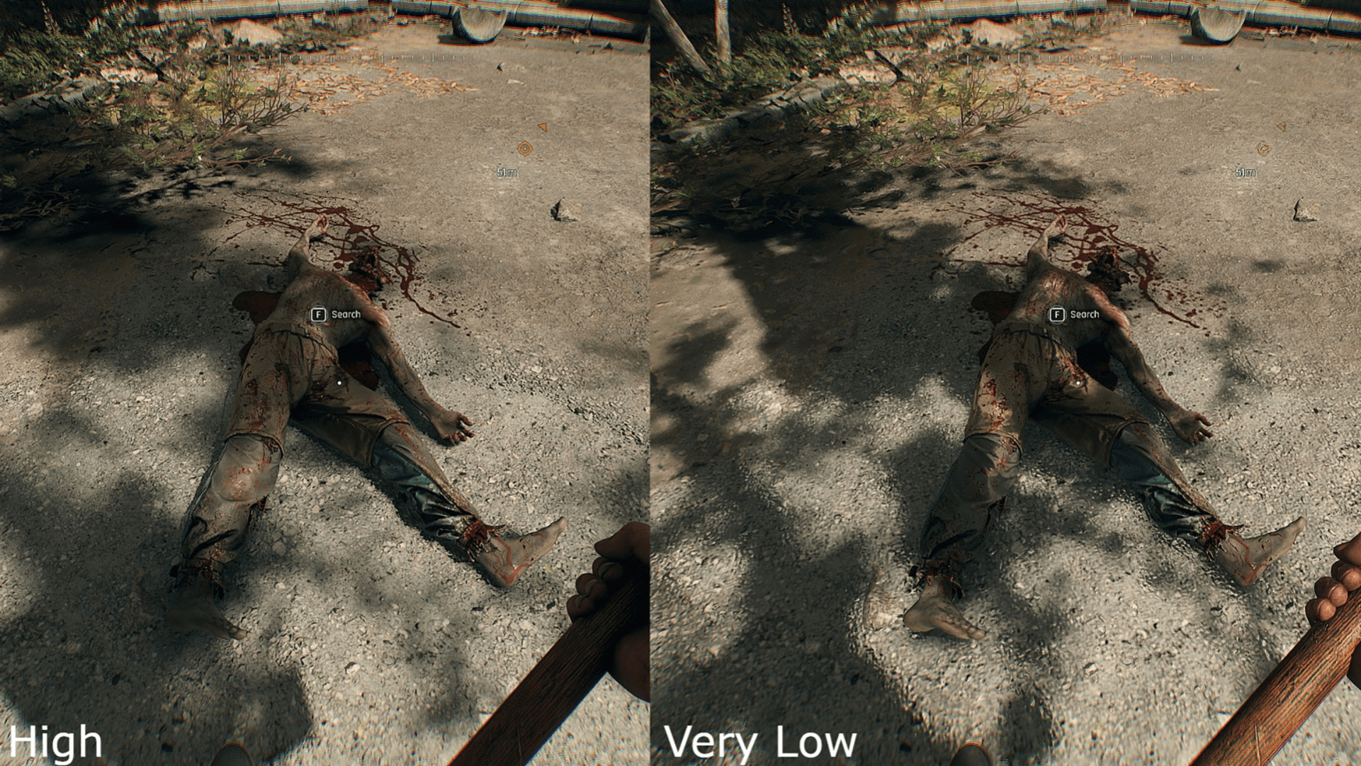 Сопоставление Dying Light: The Beast на пресетах «Очень низкие» и «Высокие».