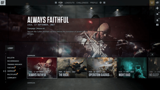 Меню миссий кампании Battlefield 6.