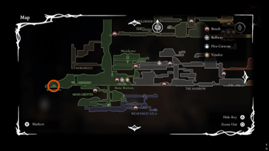 Местоположение Знака Странницы на карте Hollow Knight: Silksong.