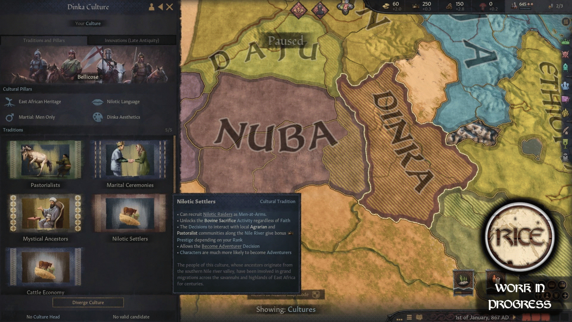 crusader kings 3 RICE мод, показывающий карту Нубии и культуру динка.