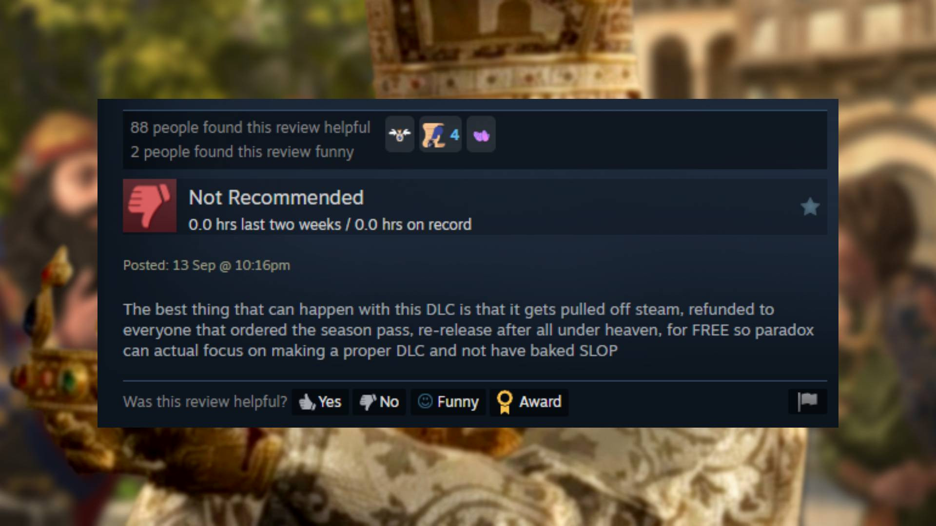 Отзыв в Steam о DLC Coronations для Crusader Kings 3.