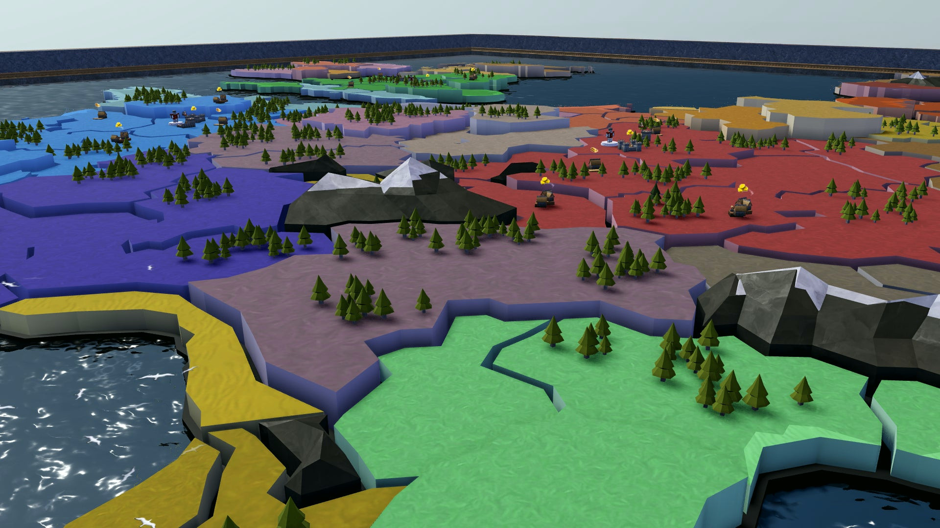 Карта мира с раскрашенными странами и маленькими модельками деревьев и гор из Roblox-адаптации Crusader Kings 3.