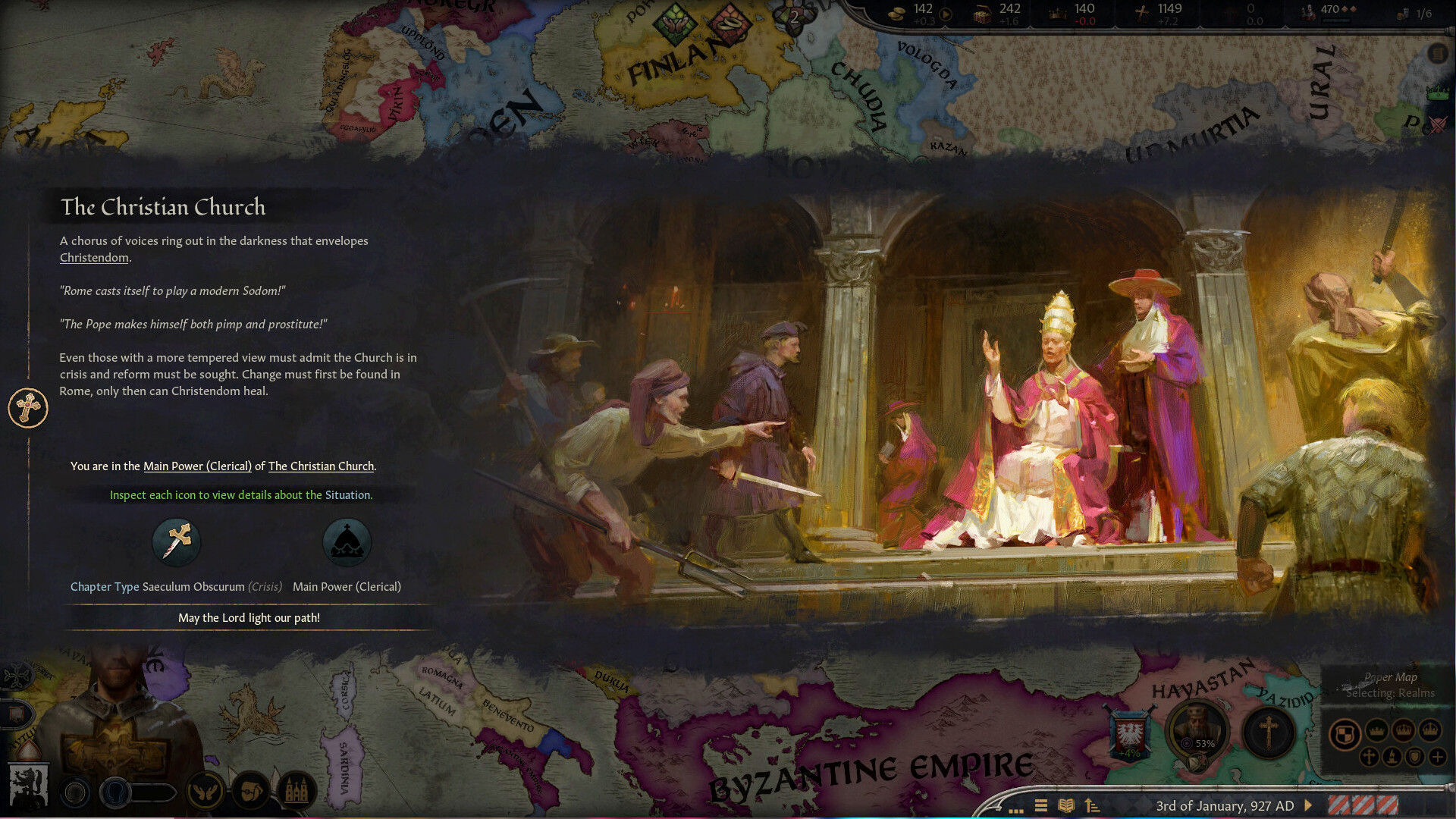 Crusader Kings III: By God Alone. Знамя, где персонаж становится главой христианской церкви.