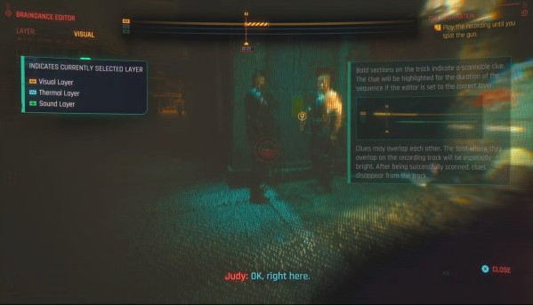 Поиск улик в режиме брейнданса в Cyberpunk 2077