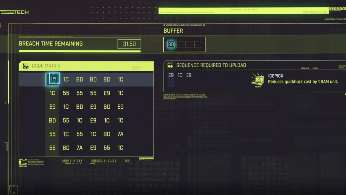 Скриншот мини-игры «Взлом протокола» в Cyberpunk 2077.