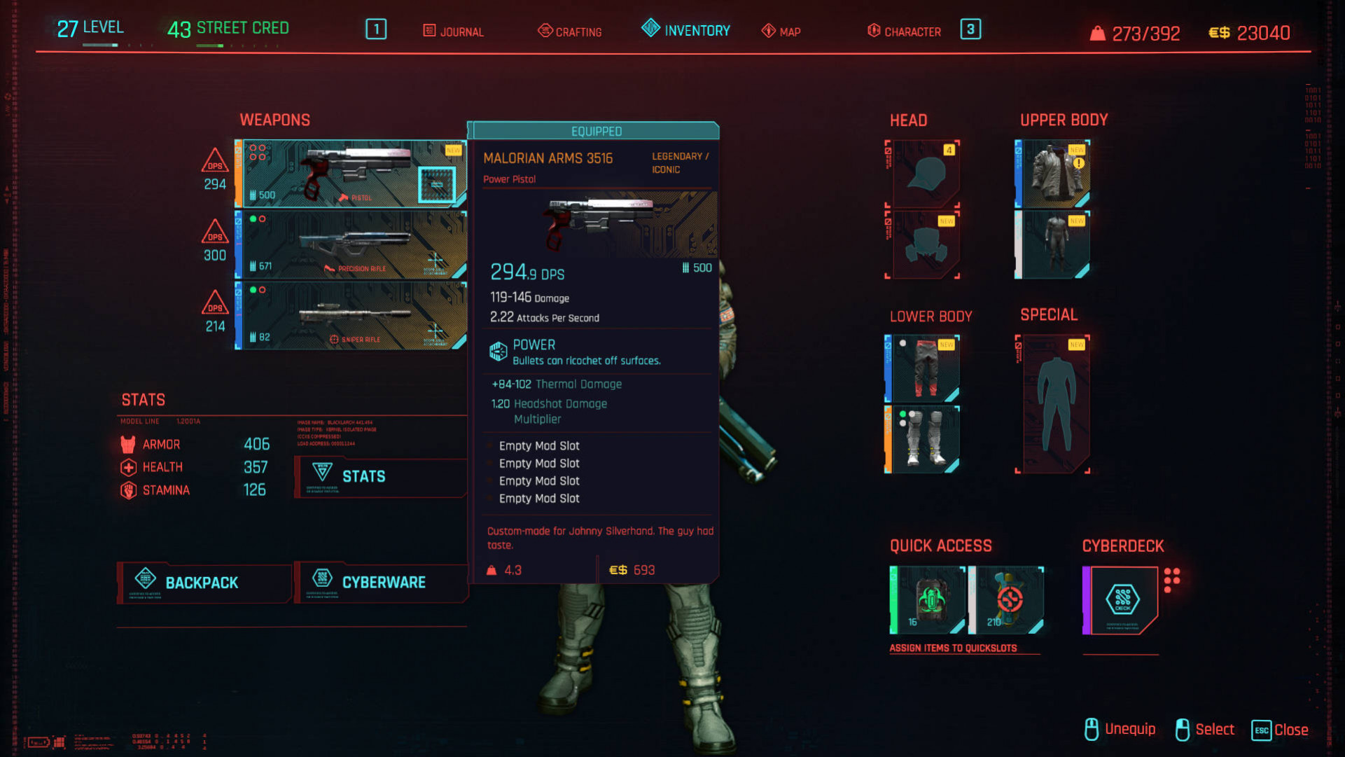 Пистолет Джонни Сильверхенда в Cyberpunk 2077 – это Малориан армс 3516. Вот его характеристики на экране инвентаря.