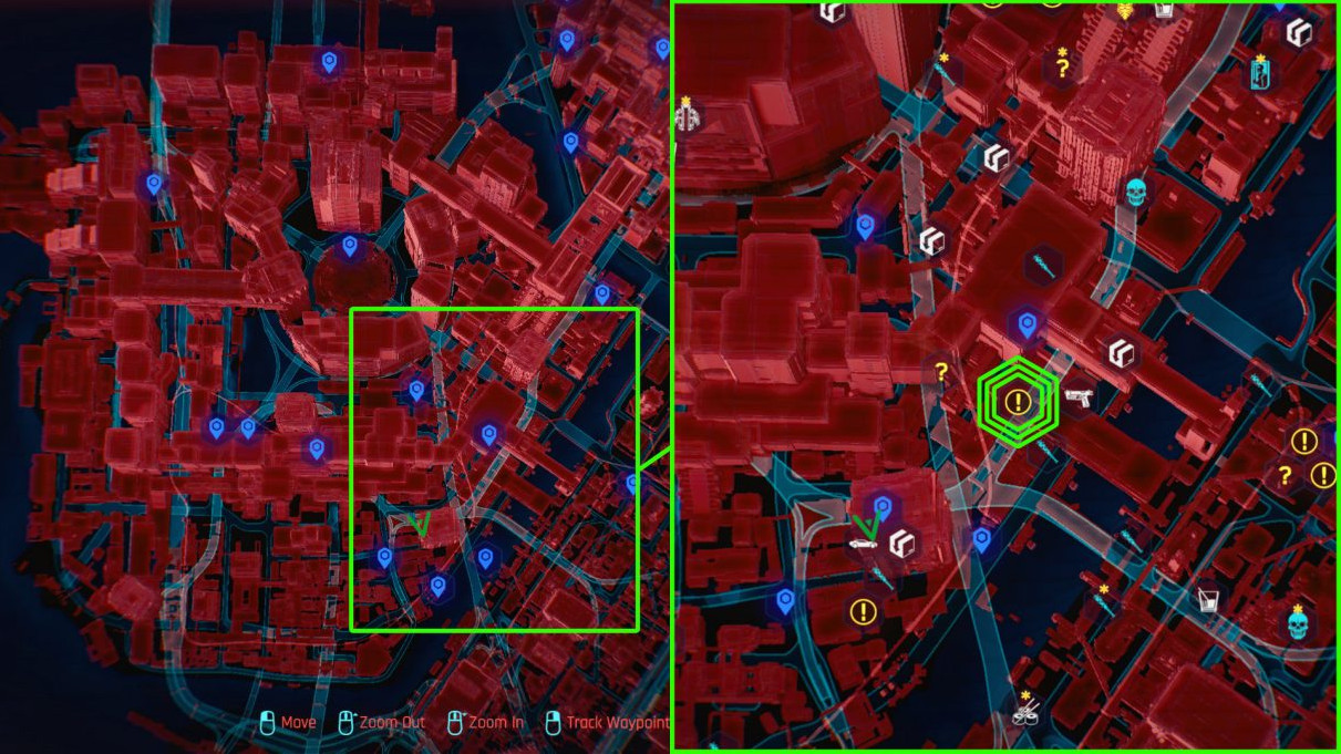 Карта с точным местом, где найти Скиппи в Cyberpunk 2077.