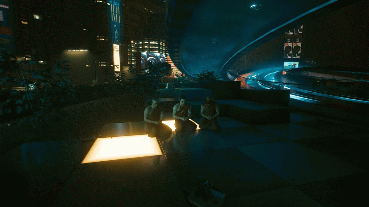 Дробовик Ребекки в Cyberpunk 2077 – трое медитирующих монахов в парке