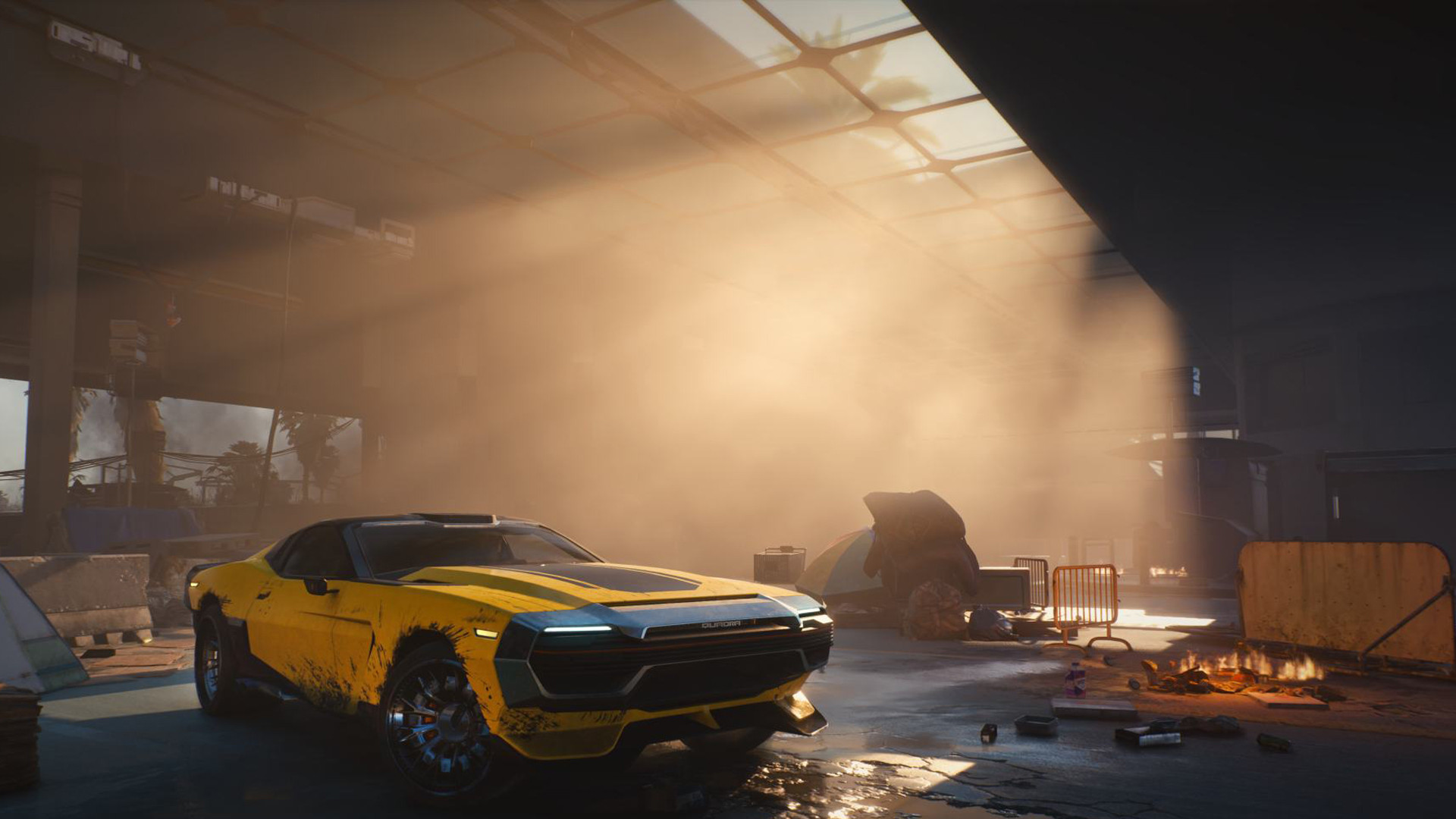 Предыстория «Кочевник» в Cyberpunk 2077 – гараж, полный машин, в пыльном солнечном свете