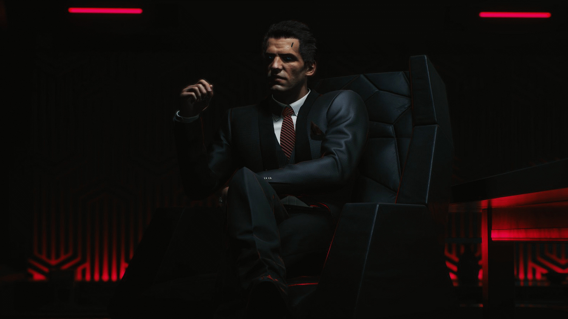 Предыстория «Корпорат» в Cyberpunk 2077 – мужчина в костюме в тёмной комнате