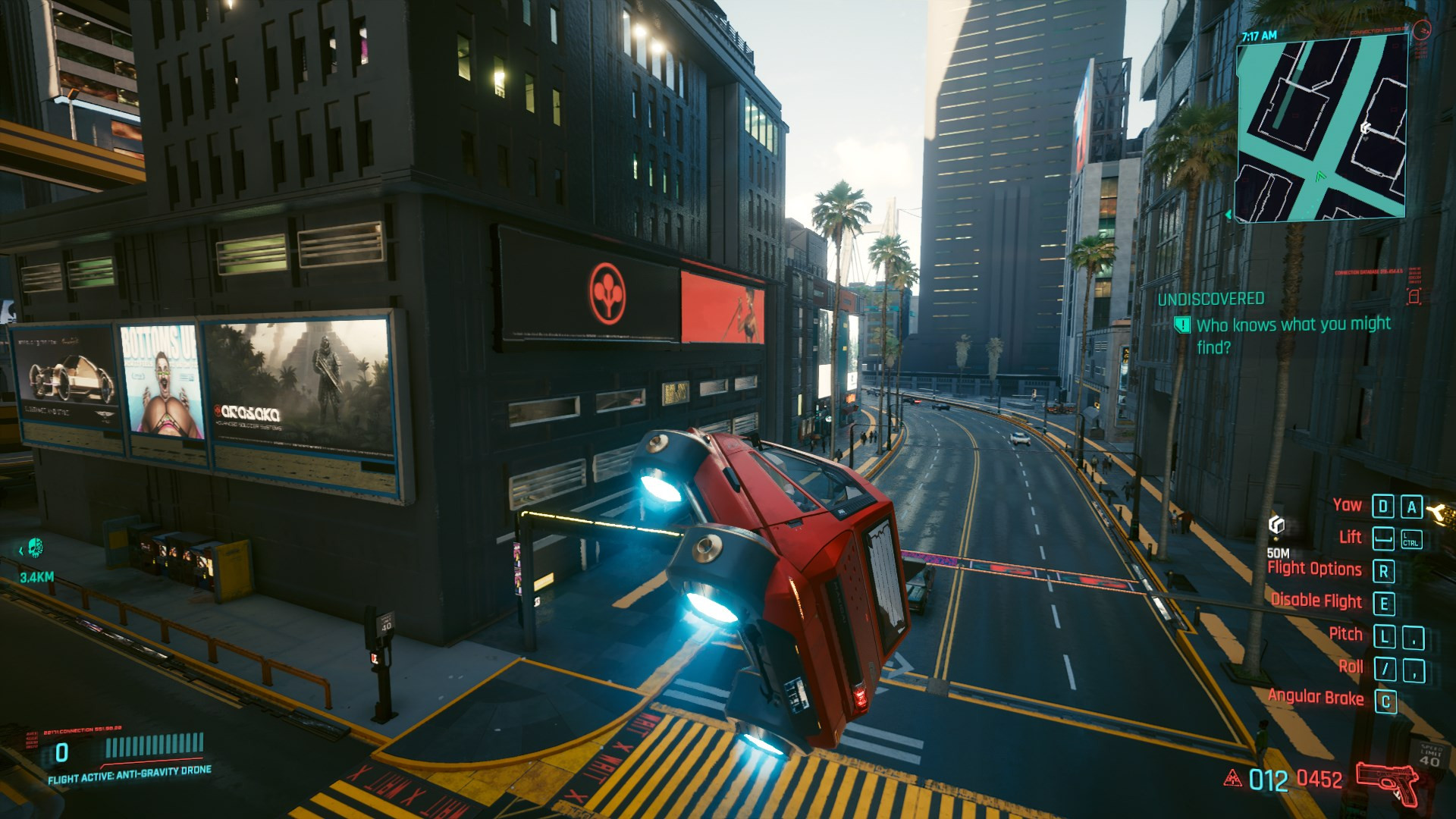 Лучшие моды для Cyberpunk 2077: красная машина летит с реактивными ускорителями под колёсами. Автомобиль поворачивает и выглядит так, будто вот-вот врежется в здание.