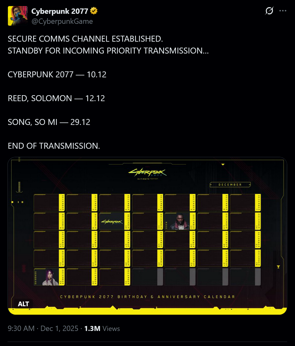 ЗАЩИЩЁННЫЙ КАНАЛ СВЯЗИ УСТАНОВЛЕН.ОЖИДАЙТЕ ПРИОРИТЕТНУЮ ПЕРЕДАЧУ…CYBERPUNK 2077 — 10.12REED, SOLOMON — 12.12SONG, SO MI — 29.12КОНЕЦ ПЕРЕДАЧИ.
