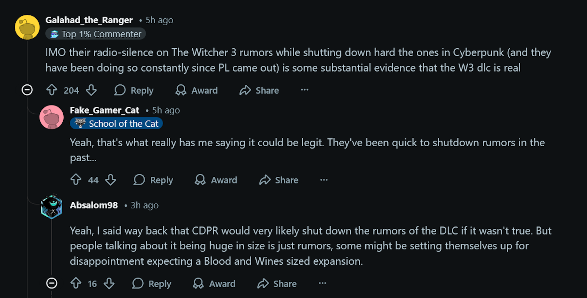 На мой взгляд, их молчание по поводу слухов о The Witcher 3 при этом жёсткое опровержение слухов по Cyberpunk (и они делают это с момента выхода PL) — довольно весомое доказательство того, что DLC для W3 реально существует