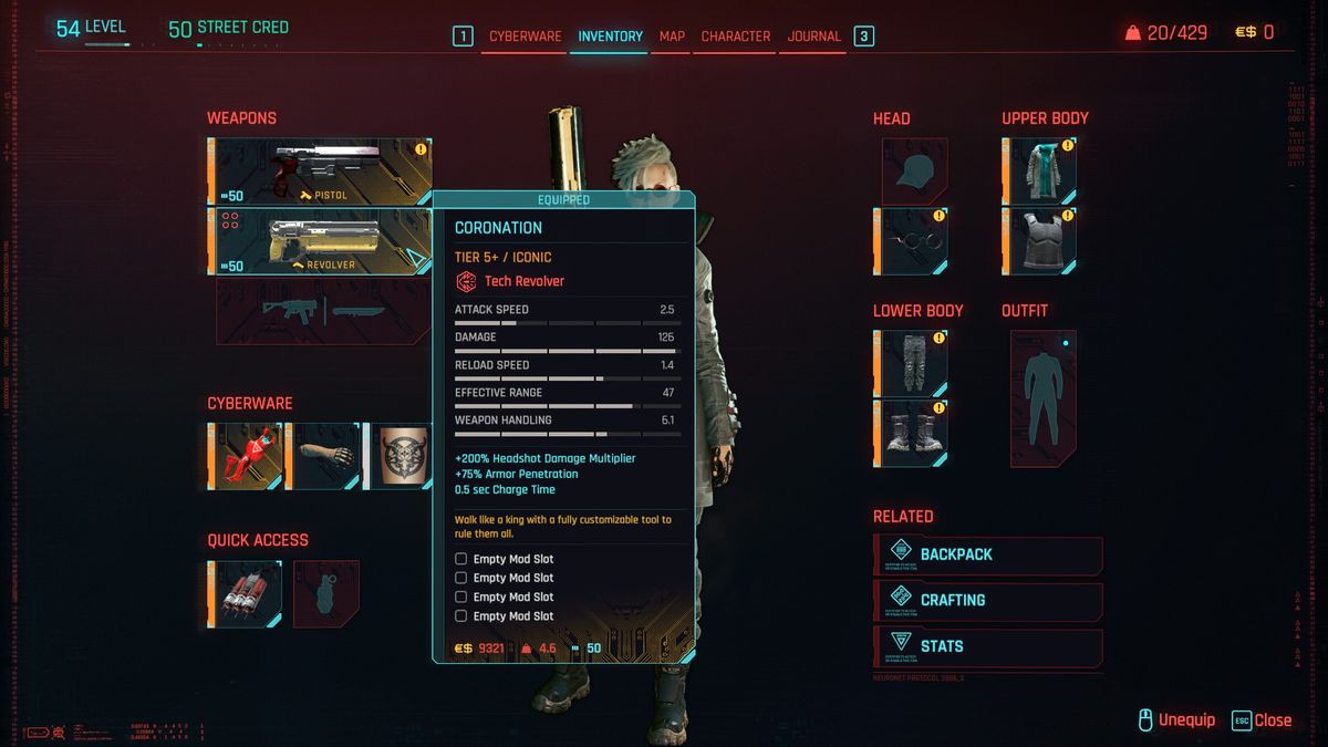 Cyberpunk 2077 – костюм Короля: «Регалия» в меню