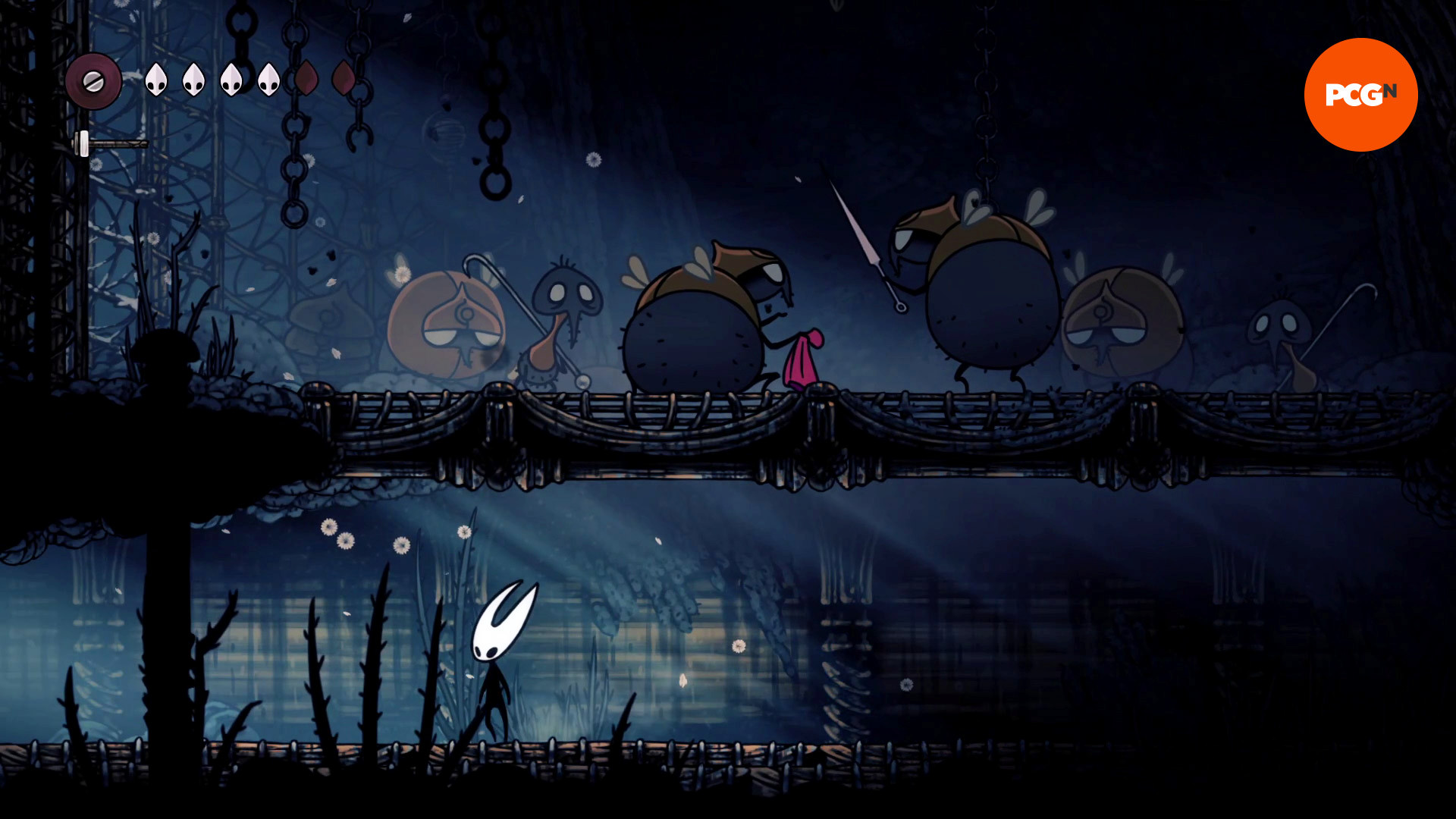 Hollow Knight Silksong Плита: Хорнет крадётся под скоплением жуков