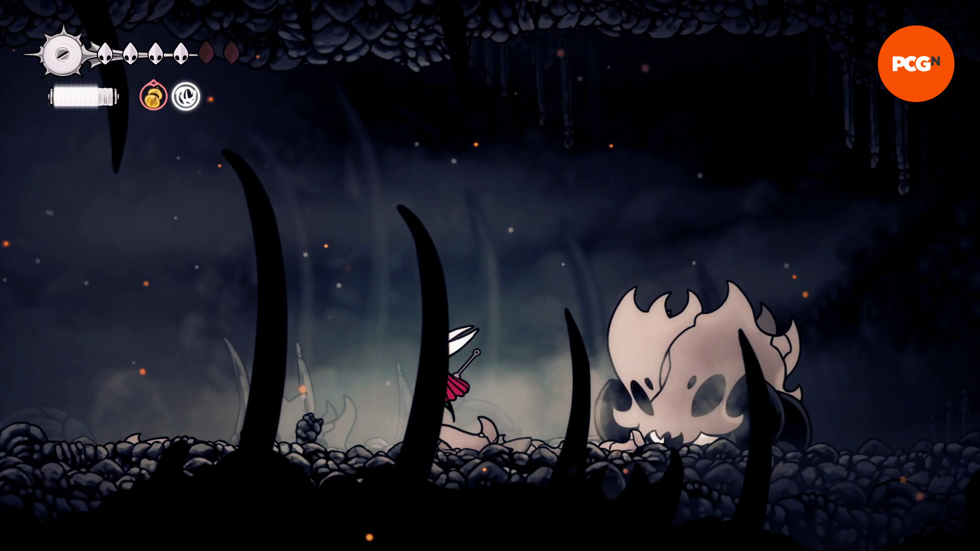 Hollow Knight Silksong Тиран Череп: Тиран Череп готовит атаку в прыжке