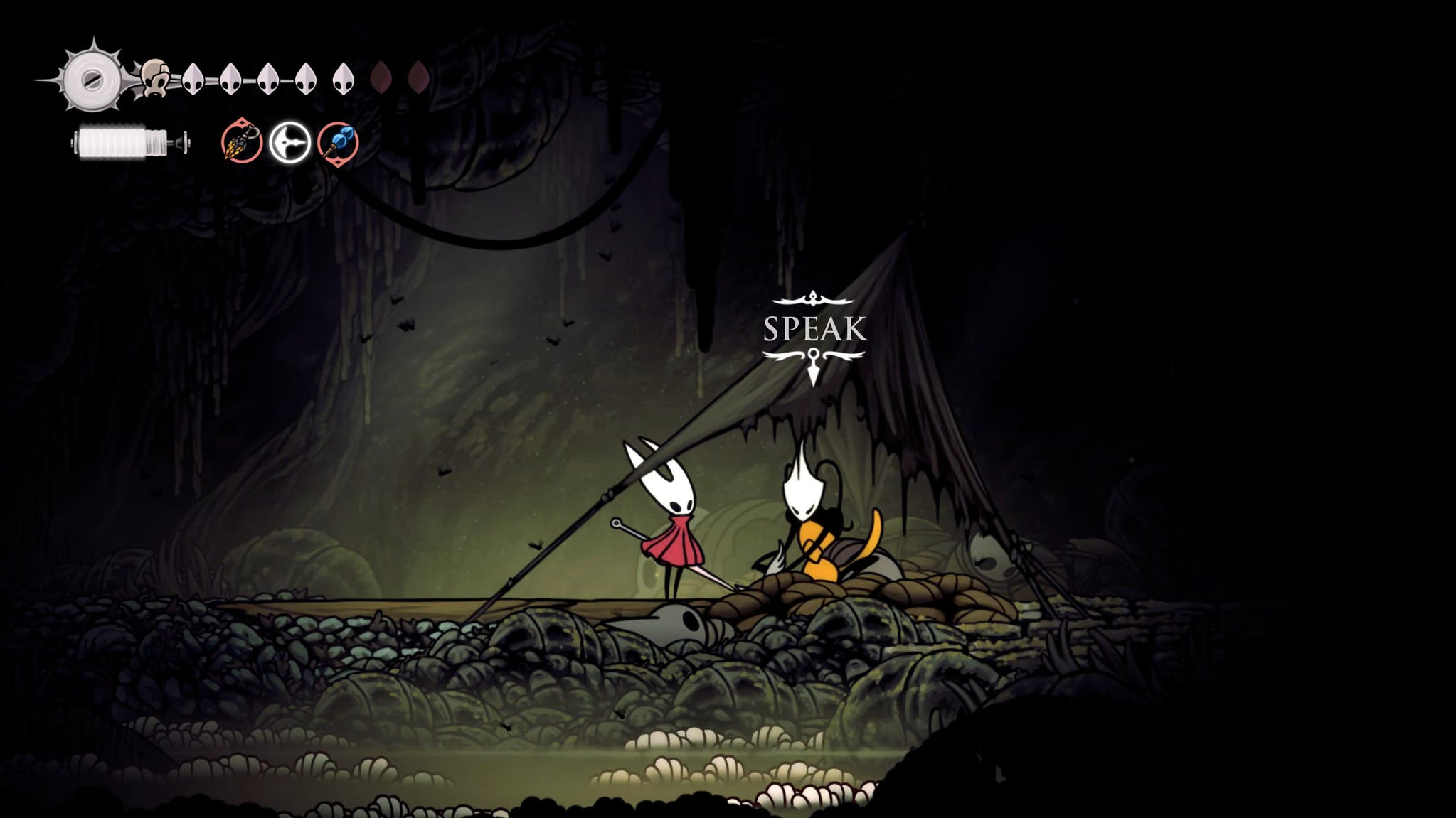 Скриншот Hollow Knight: Silksong с маршрутом через Желчноводье.