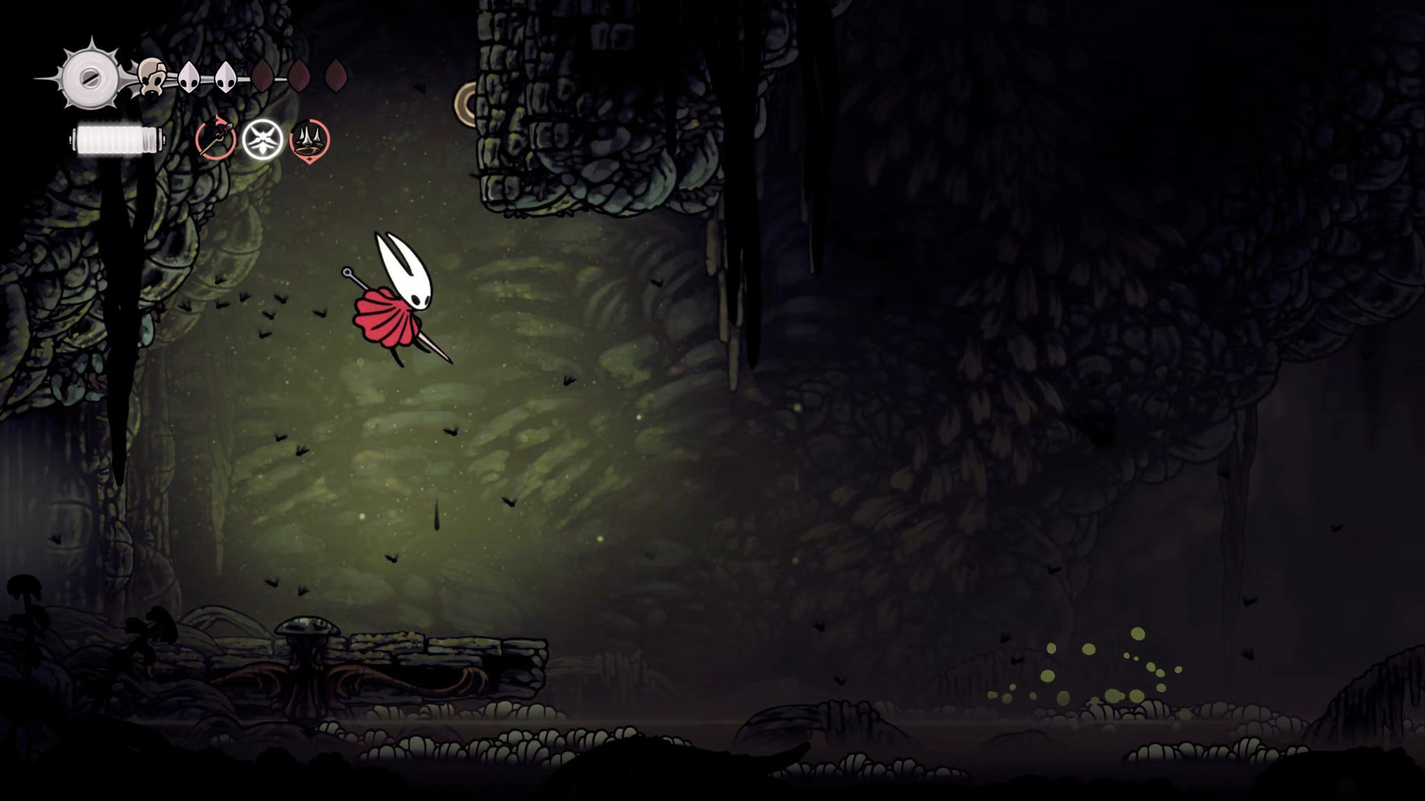 Скриншот Hollow Knight: Silksong с маршрутом через Желчноводье.