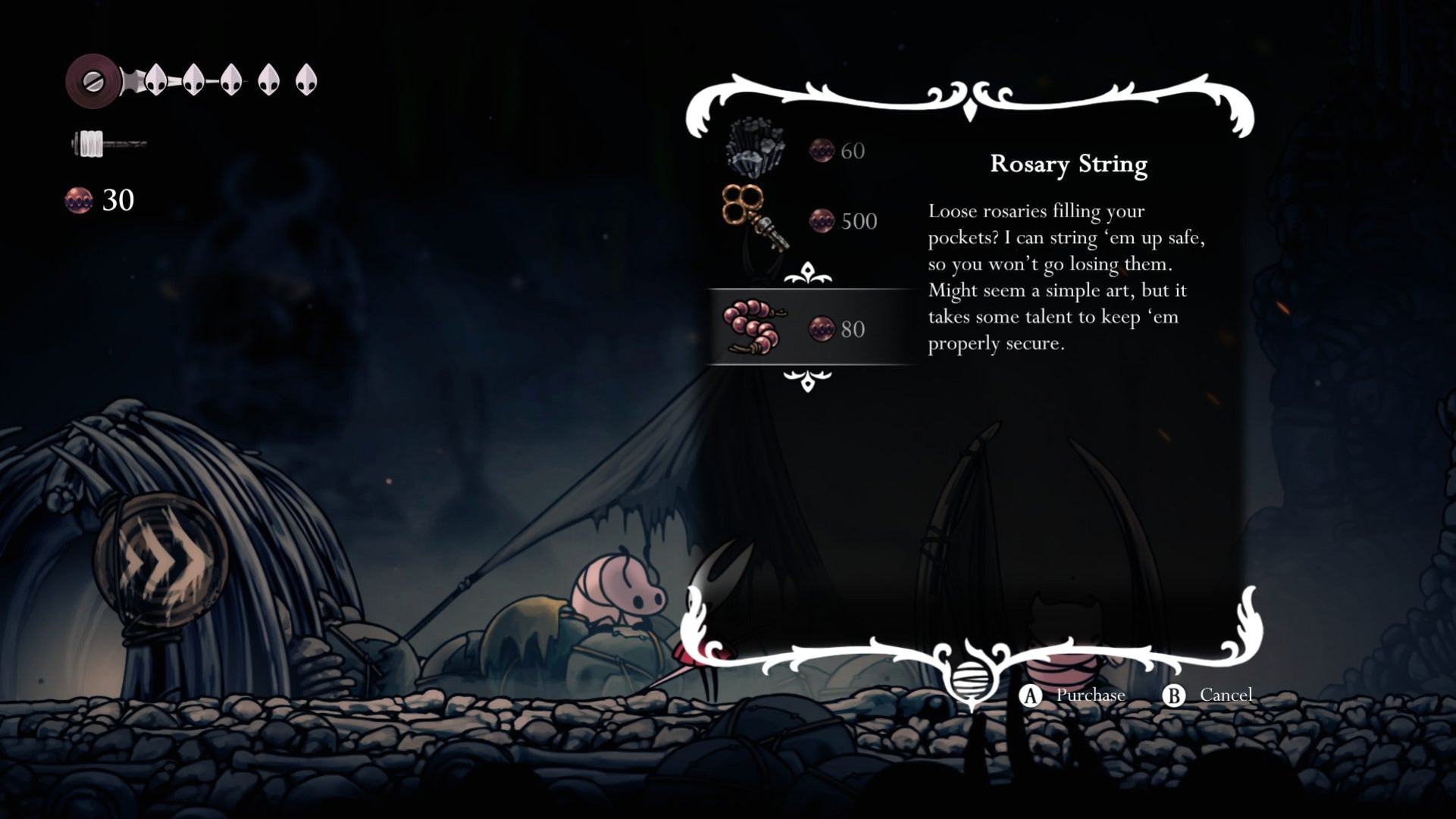 Описание чёток в Hollow Knight: Silksong. Этот предмет позволяет сохранить все бусины даже после смерти.