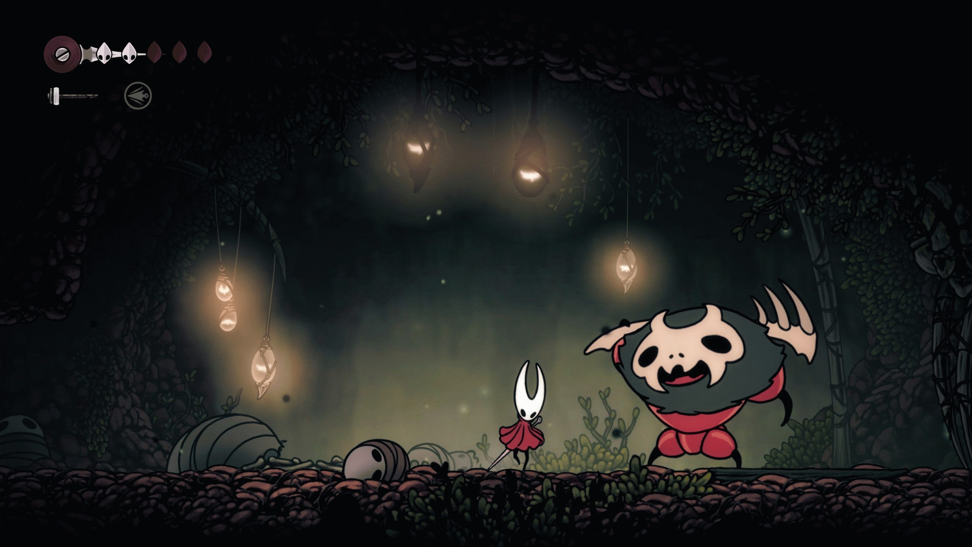 Хорнет готовится сразиться с очень большим муравьём в черепе в Hollow Knight: Silksong.