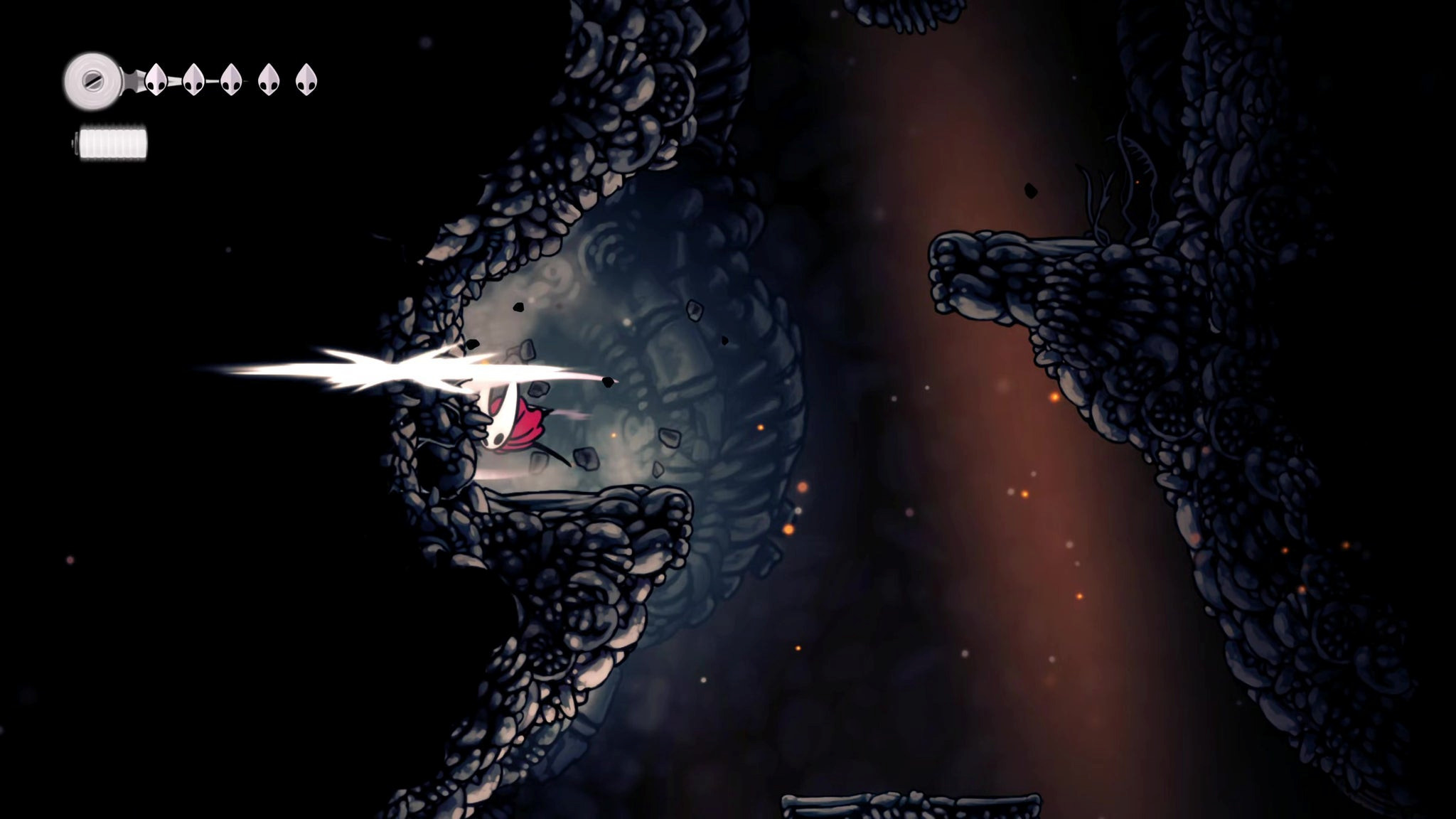 Скриншот Hollow Knight: Silksong с маршрутом через Костяк и Мохоум.