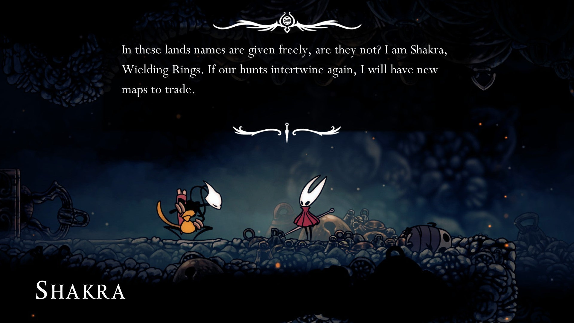 Шакра, продавщица карт, разговаривает с Хорнет в Hollow Knight: Silksong.