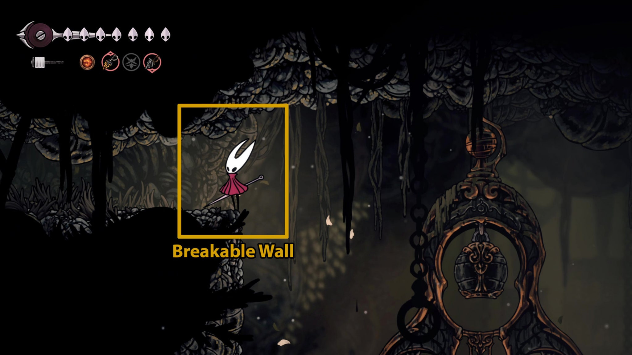 Место разрушаемой стены рядом со скамьёй на Дороге грешников в Hollow Knight: Silksong.