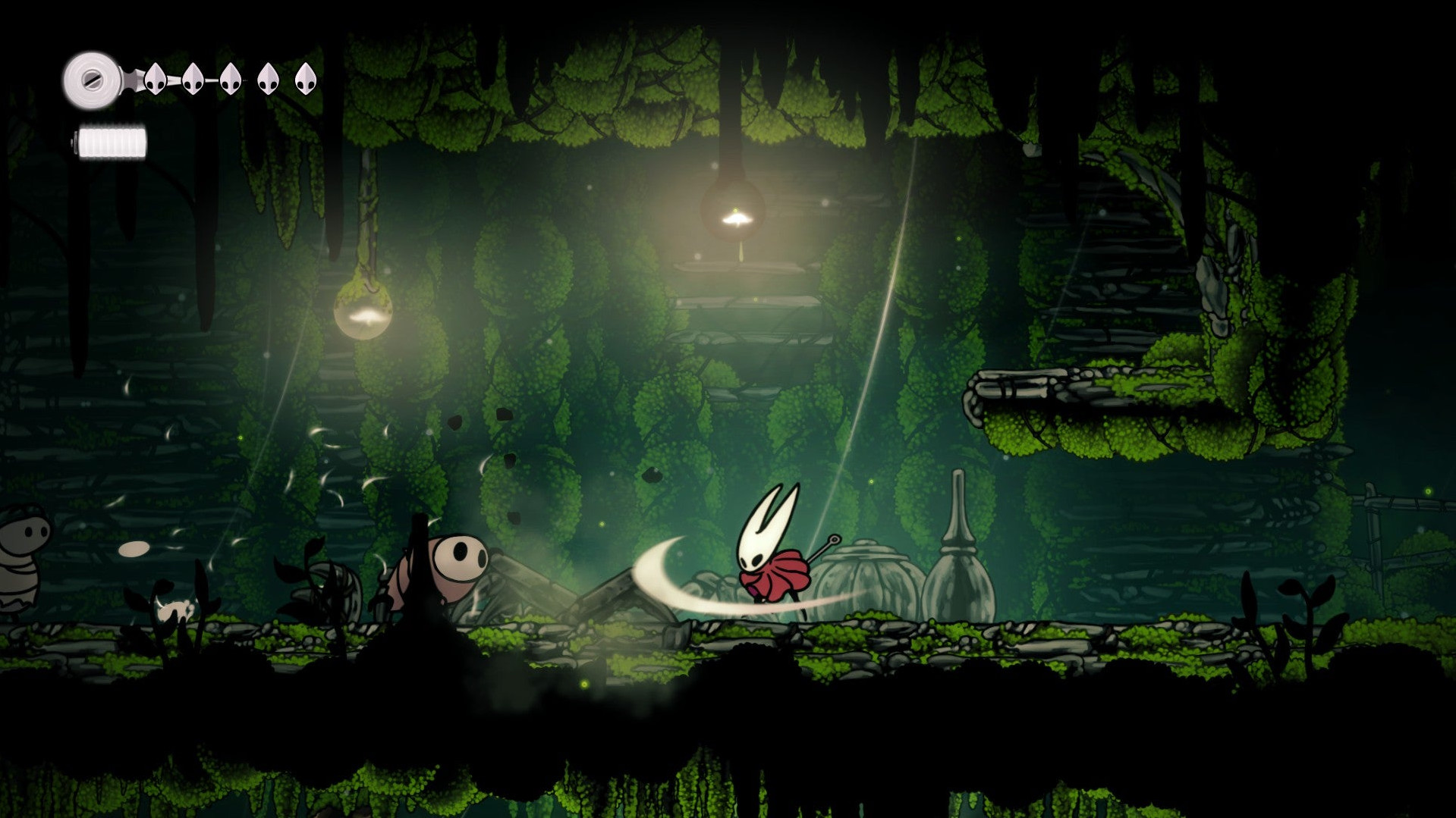 Хорнет сражается с жуком-пилигримом в Мохоуме, одной из ранних локаций Hollow Knight: Silksong.