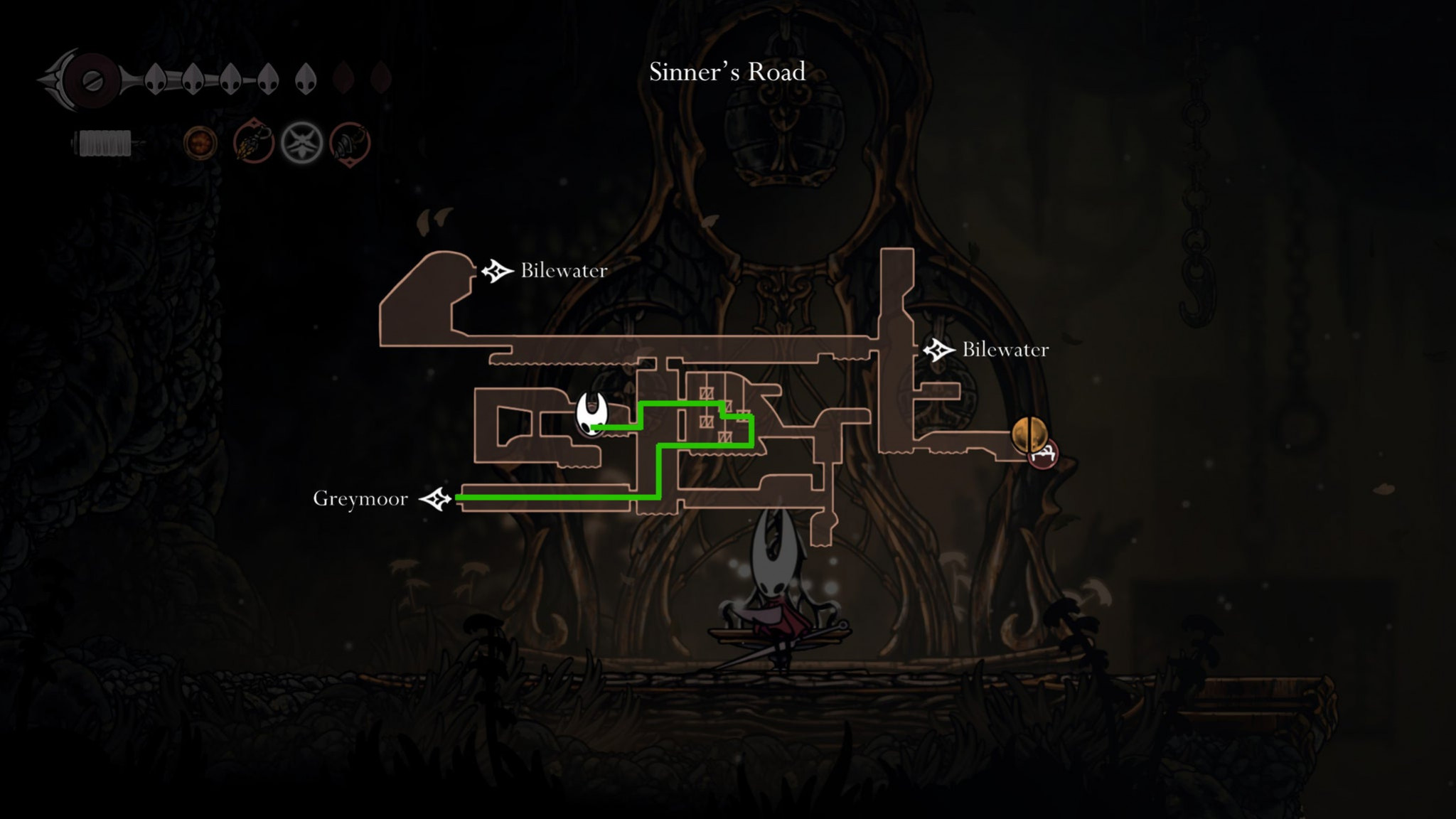 Маршрут на карте, показывающий путь к скамье на Дороге грешников в Hollow Knight Silksong.