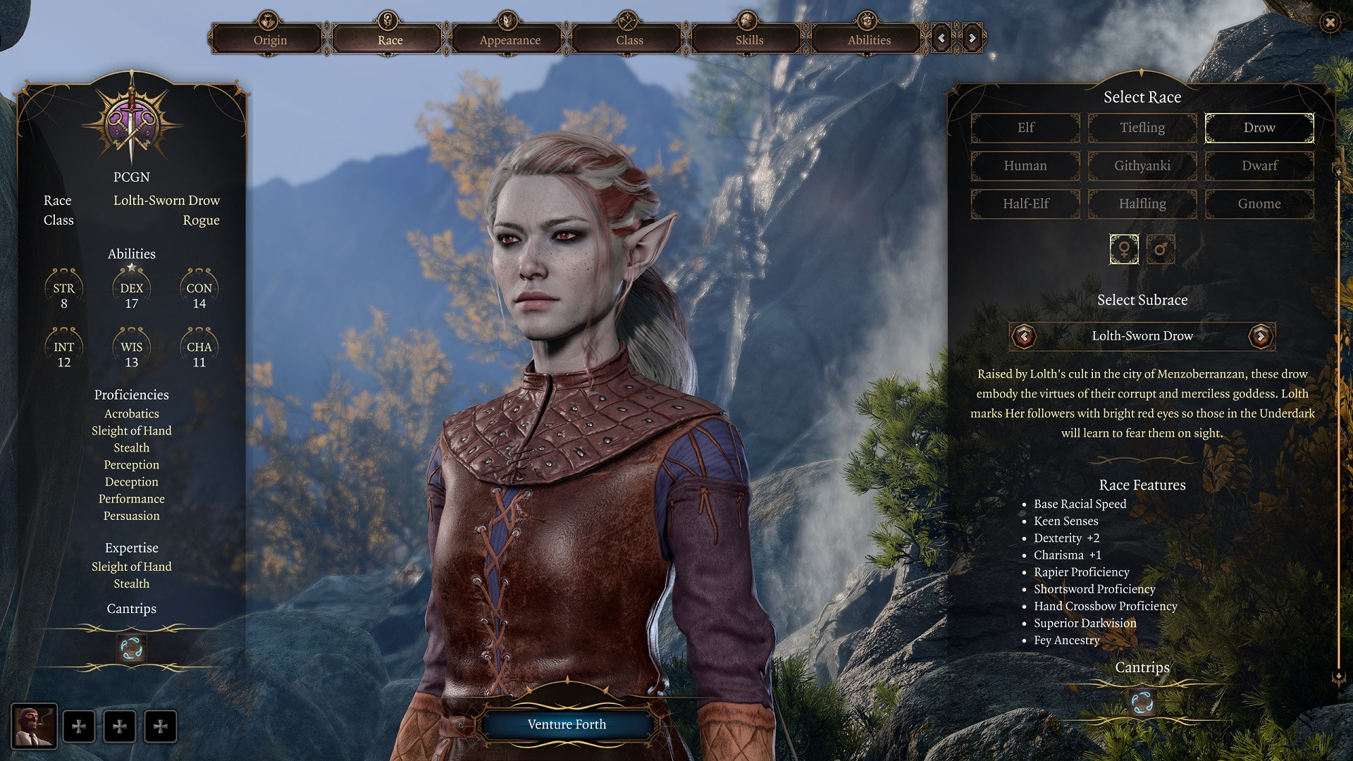 Сборка плута в Baldur's Gate 3: серокожая женщина с острыми ушами в лёгкой кожаной броне и луком за спиной.