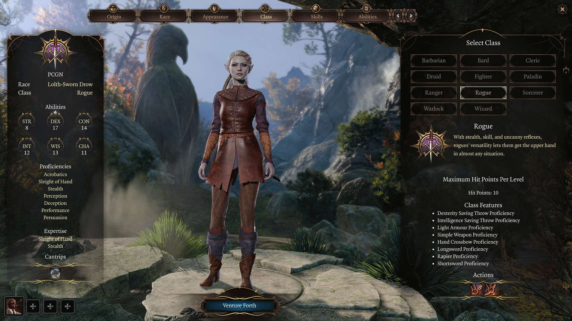 Сборка плута в Baldur's Gate 3: серокожая женщина с острыми ушами в лёгкой кожаной броне и луком за спиной.