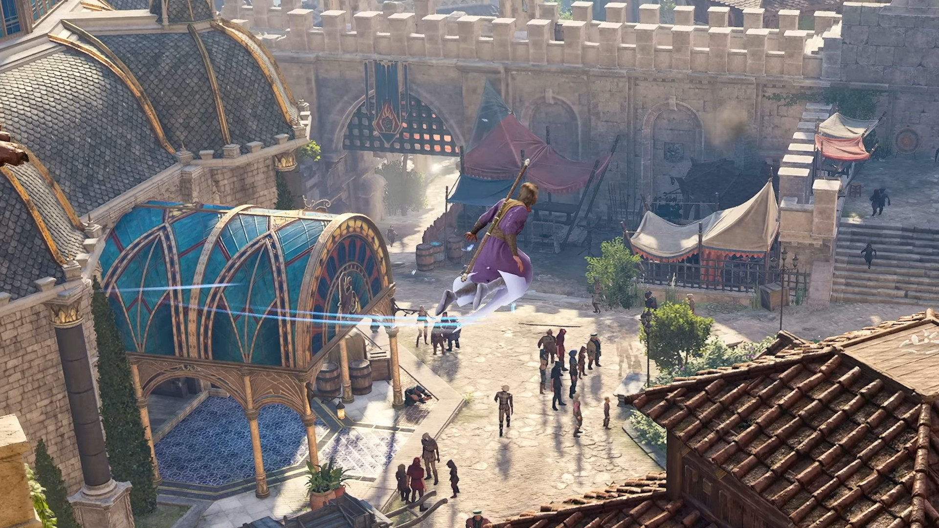 Гейл использует заклинание полёта над городом в Baldur's Gate 3