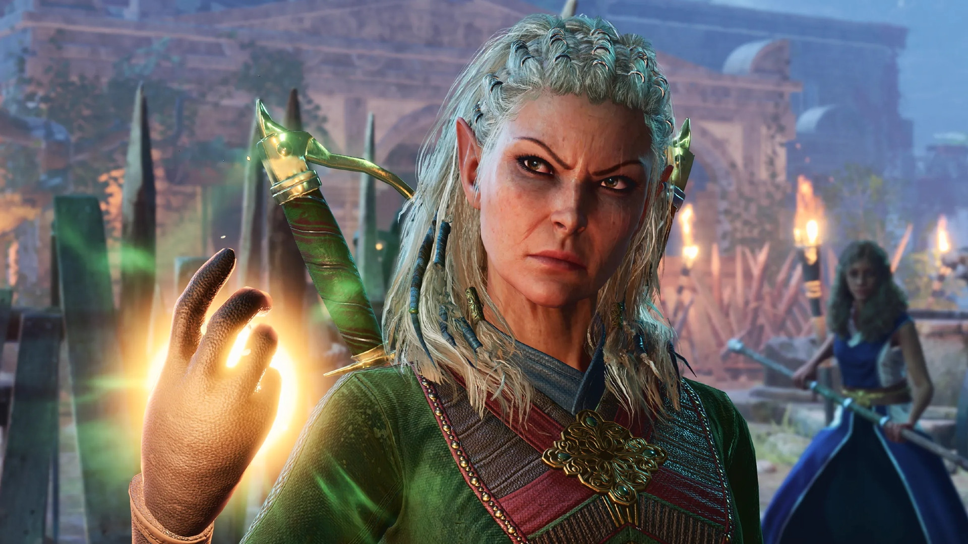 BG3: женщина с седыми волосами в зелёной тунике призывает из руки золотую энергию