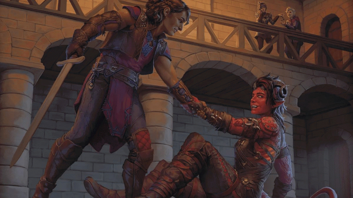 Garmult помогает Карлах подняться на ноги, пока Шэдоухарт расплачивается с Астарионом по итогам пари