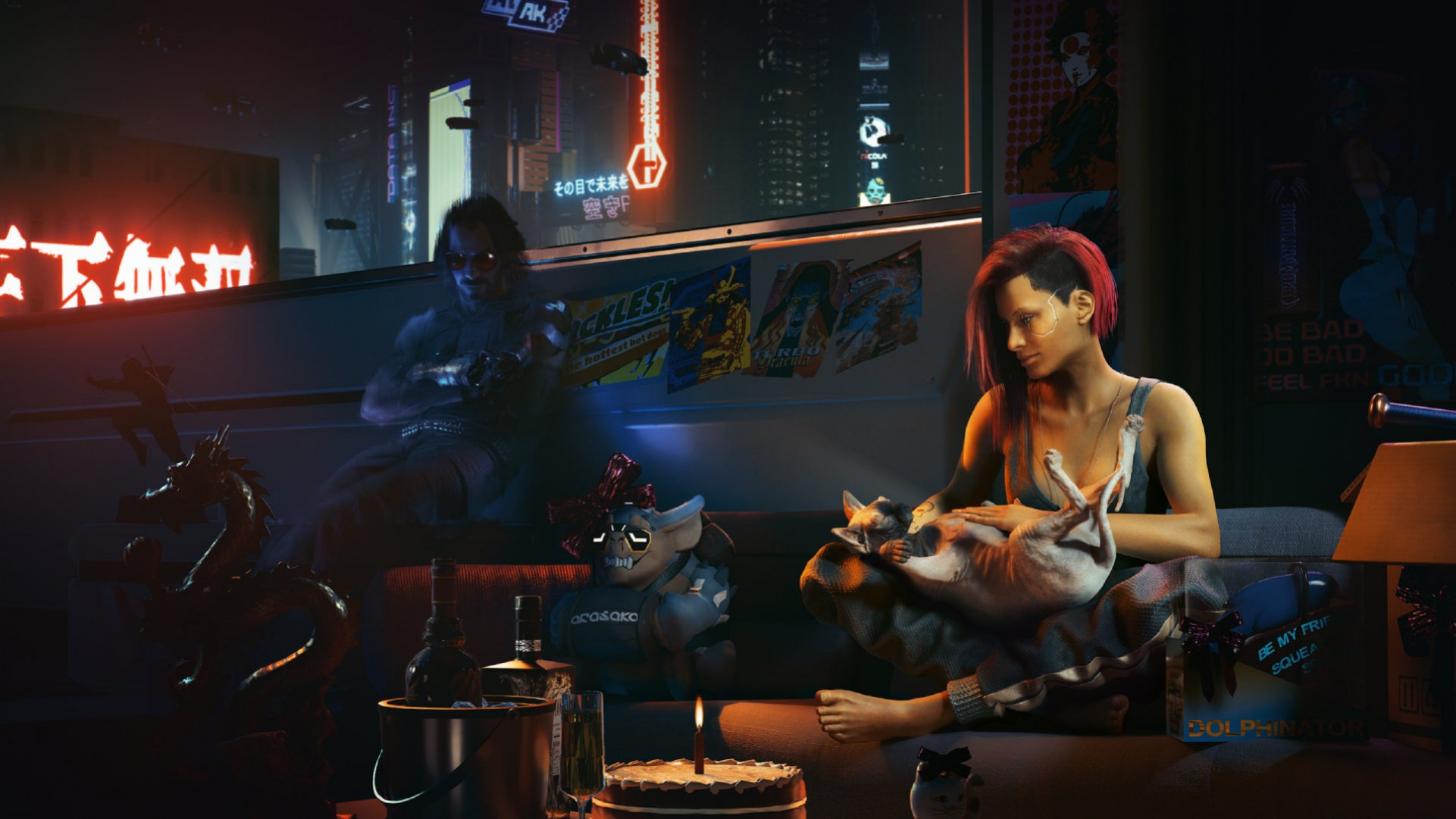 V и Johnny Silverhand сидят на крыше в Cyberpunk 2077.