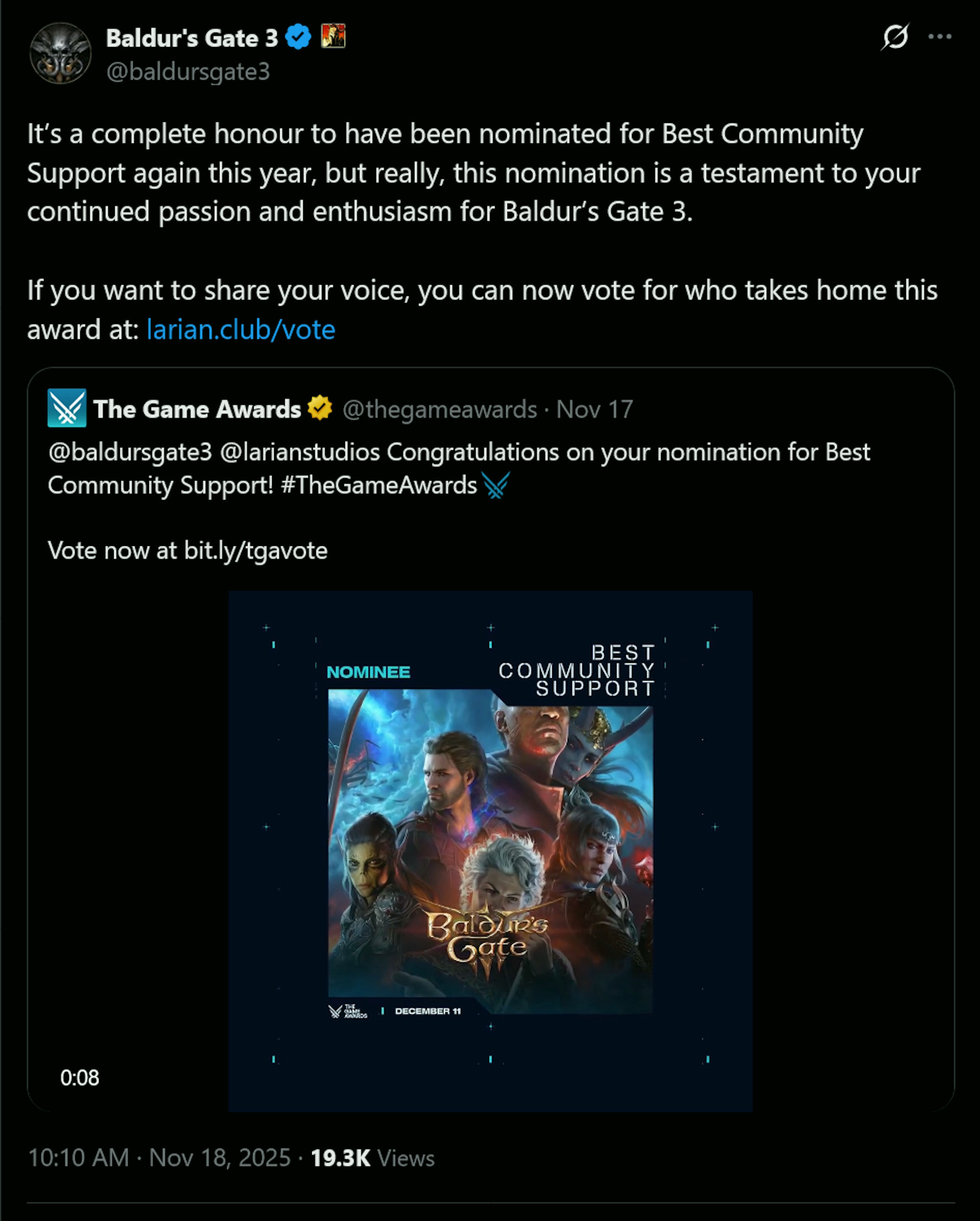 Для нас огромная честь снова быть номинированными на Best Community Support в этом году, но на самом деле эта номинация — доказательство вашей неизменной страсти и энтузиазма к Baldur’s Gate 3. Если хотите высказаться, уже можно проголосовать, кто заберёт награду: https://larian.club/vote