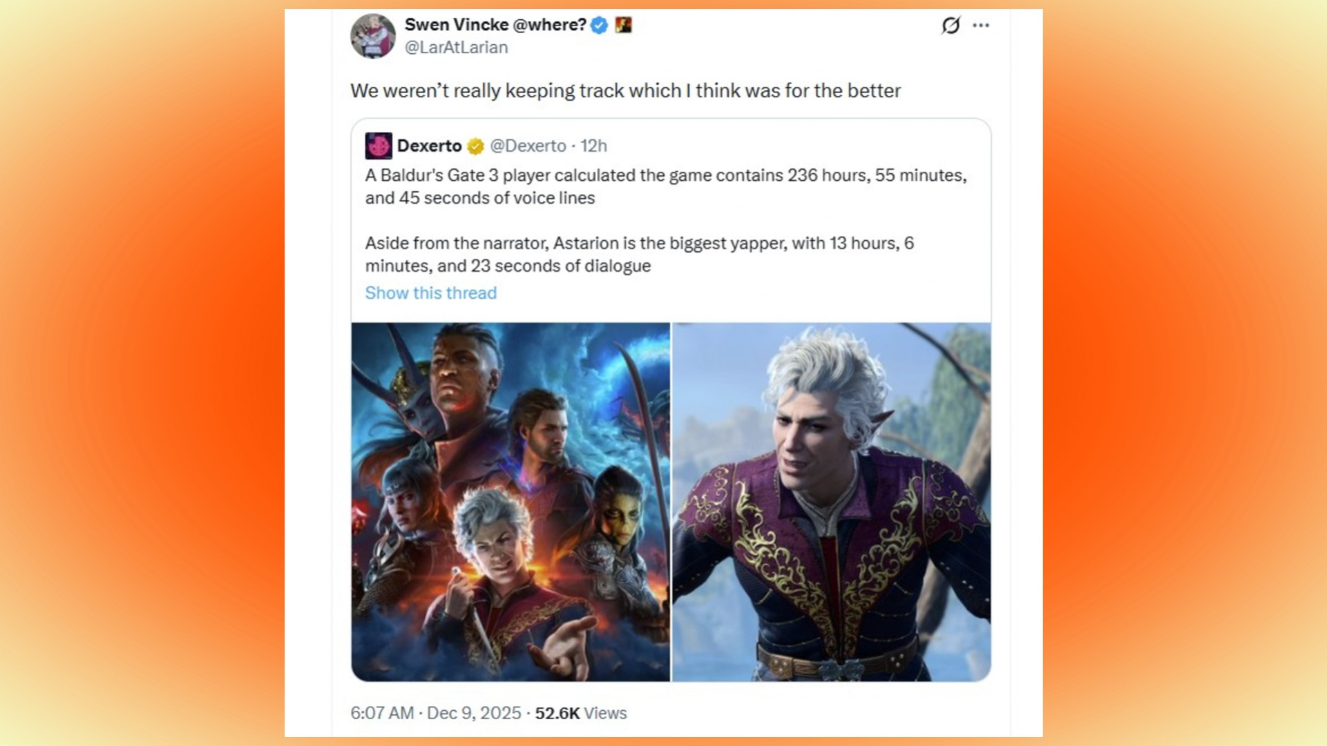 Baldur's Gate 3: скриншот поста в X на оранжевом фоне