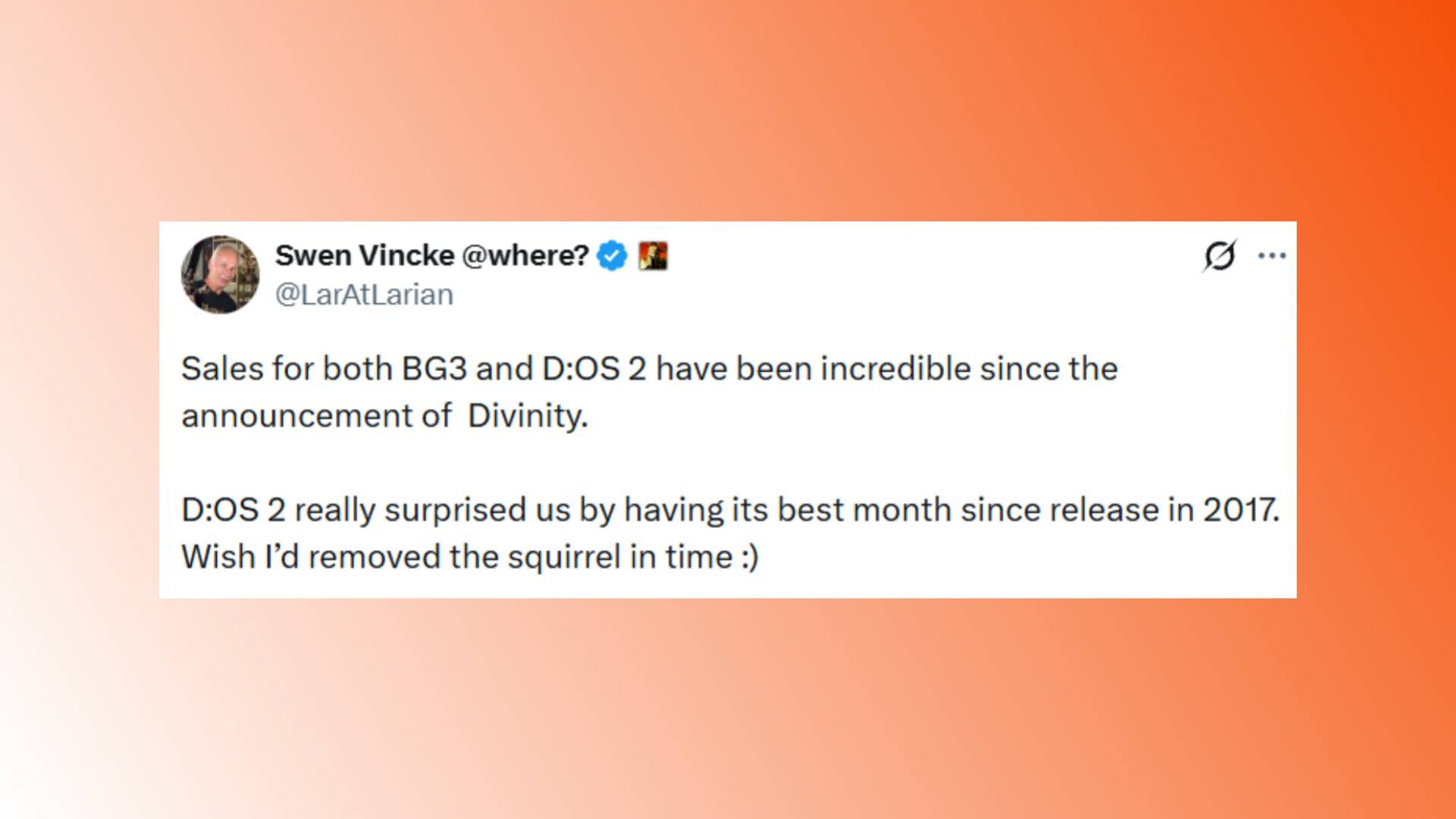 Твит Свена Винке о продажах Baldur's Gate 3 и Divinity Original Sin 2