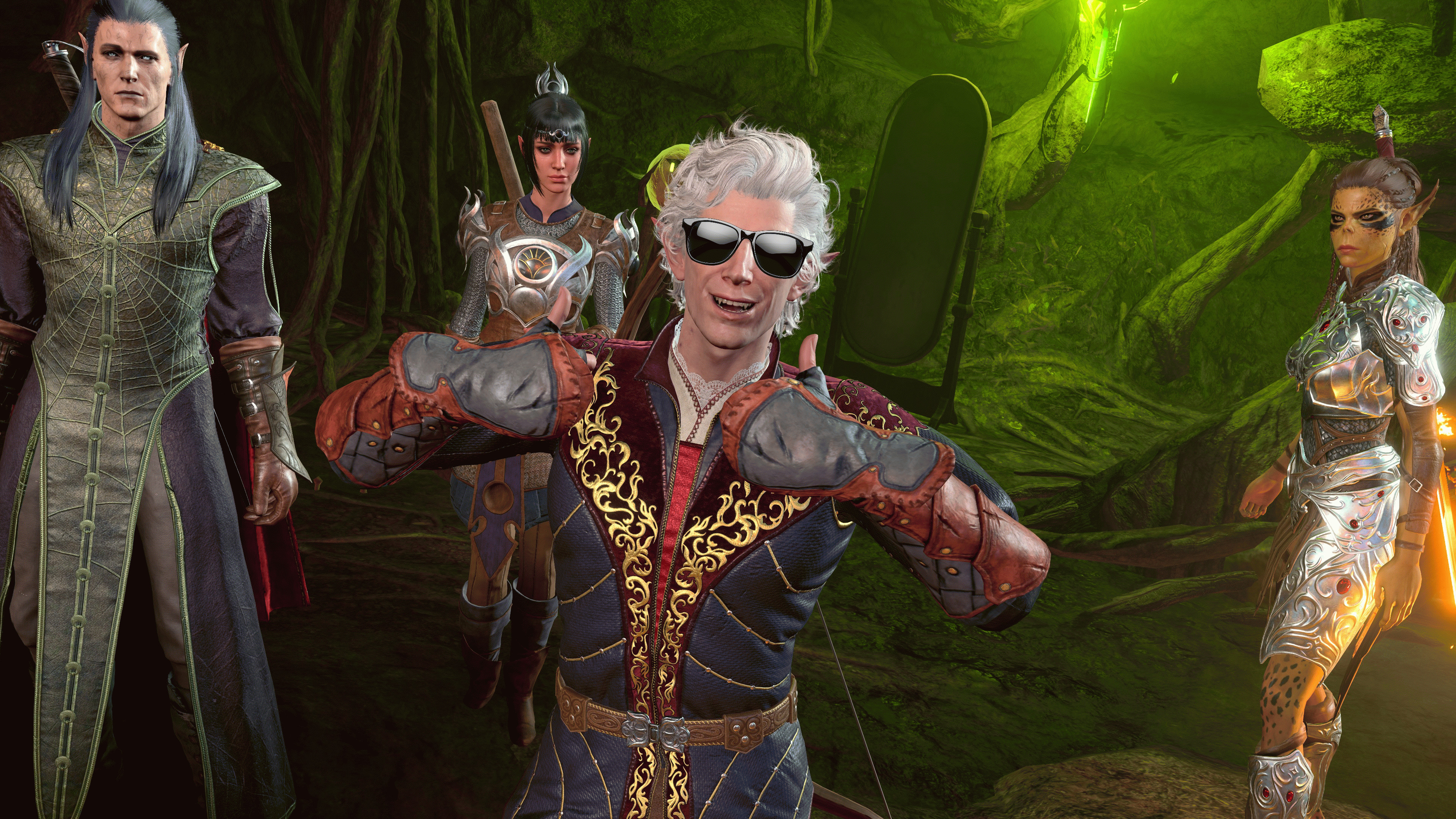 Астарион в тёмных очках показывает большой палец вверх