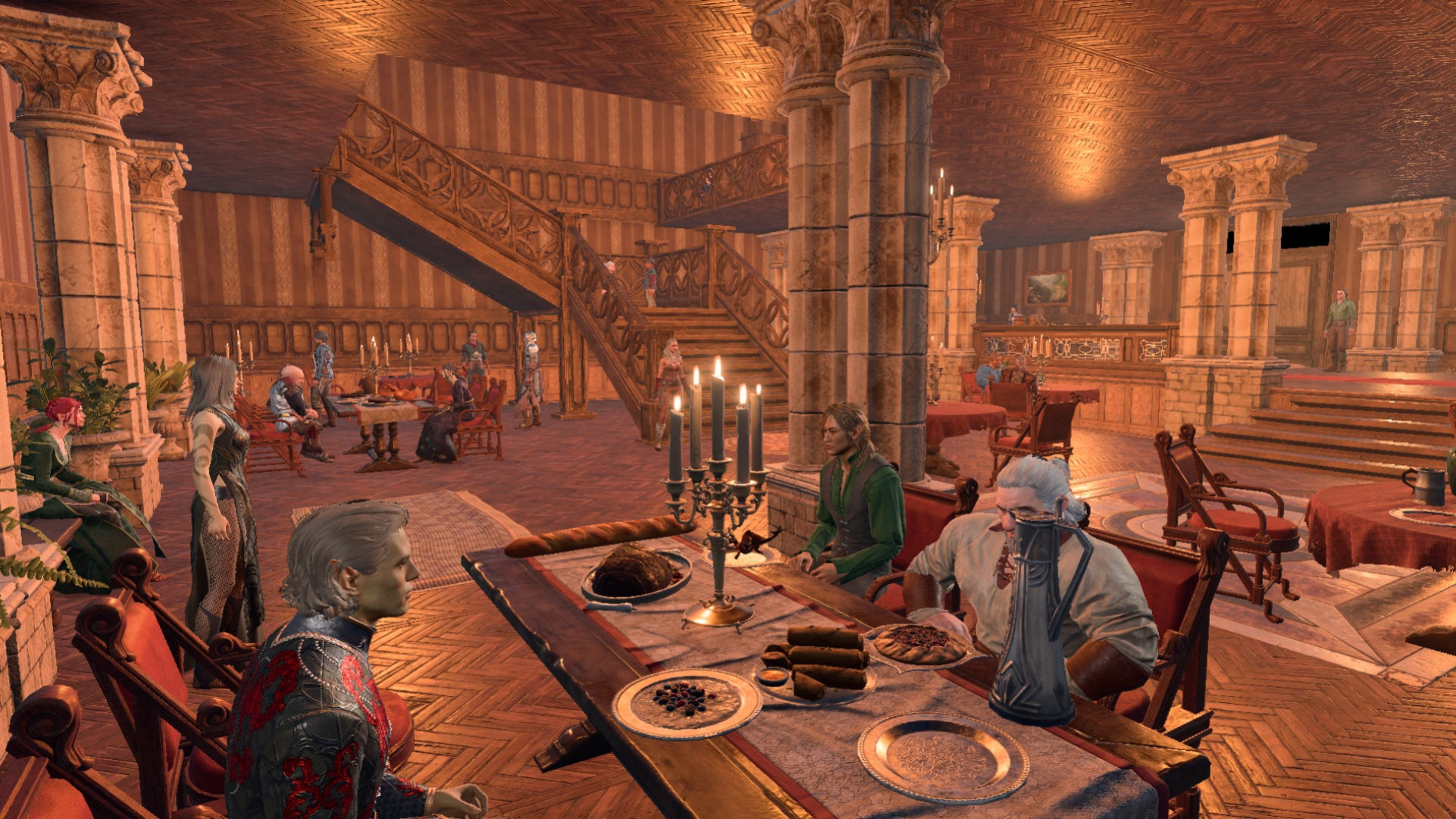 Группа персонажей сидит за столом в моде Return to Candlekeep для Baldur's Gate 3.