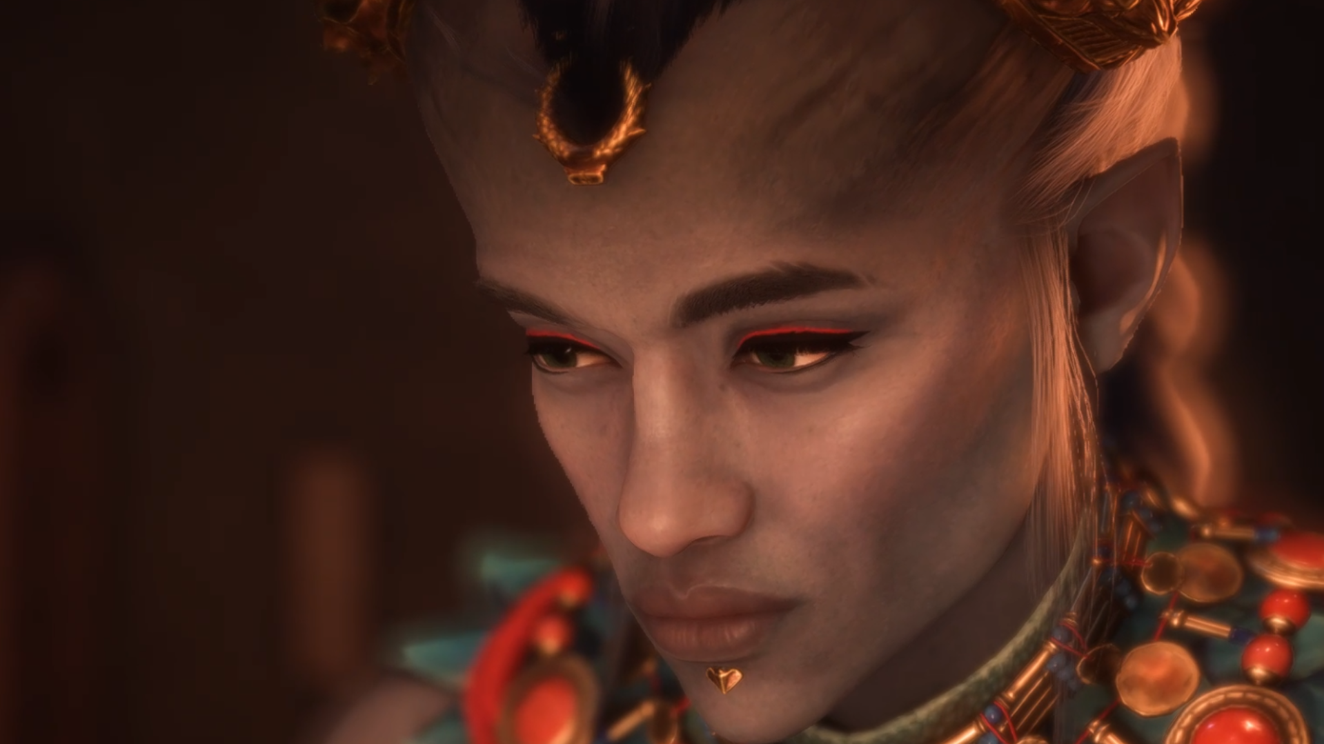 Тааш печально смотрит куда-то за пределы экрана в Dragon Age: The Veilguard